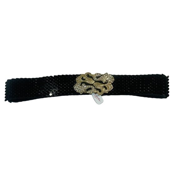 Vintage Gantos S Black Sequence Belt W Gold Bling Buckle Stretch 26” Or Bigger - Picture 4 of 13